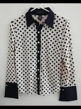 Polka Dot Button-Down Blouse with Contrast Collar and Cuffs